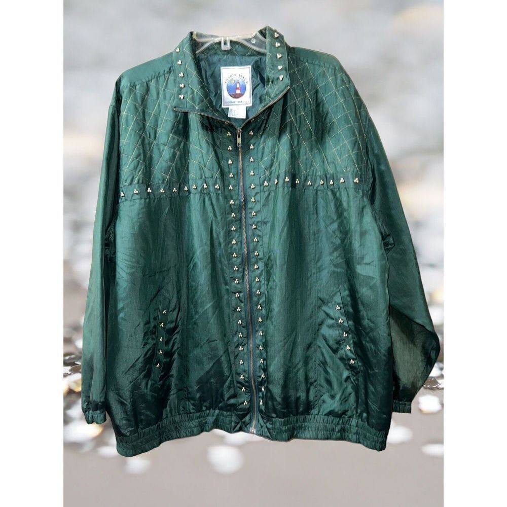 Vintage 80’s 90s Atlantic Beach Green Silk Windbreaker Jacket Coat SIZE XL 1X